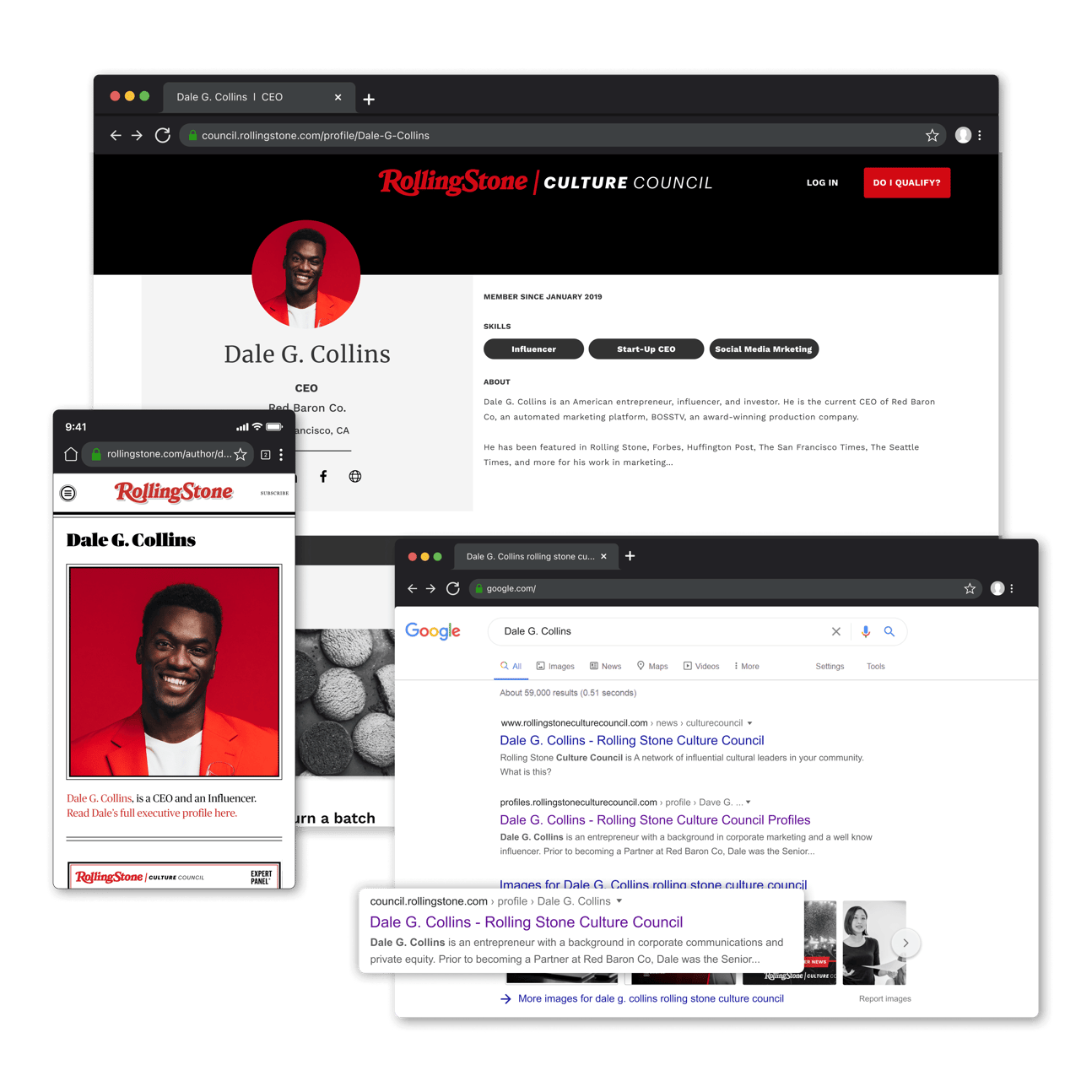 Member profile page on rollingstone.com and image of google search results for member