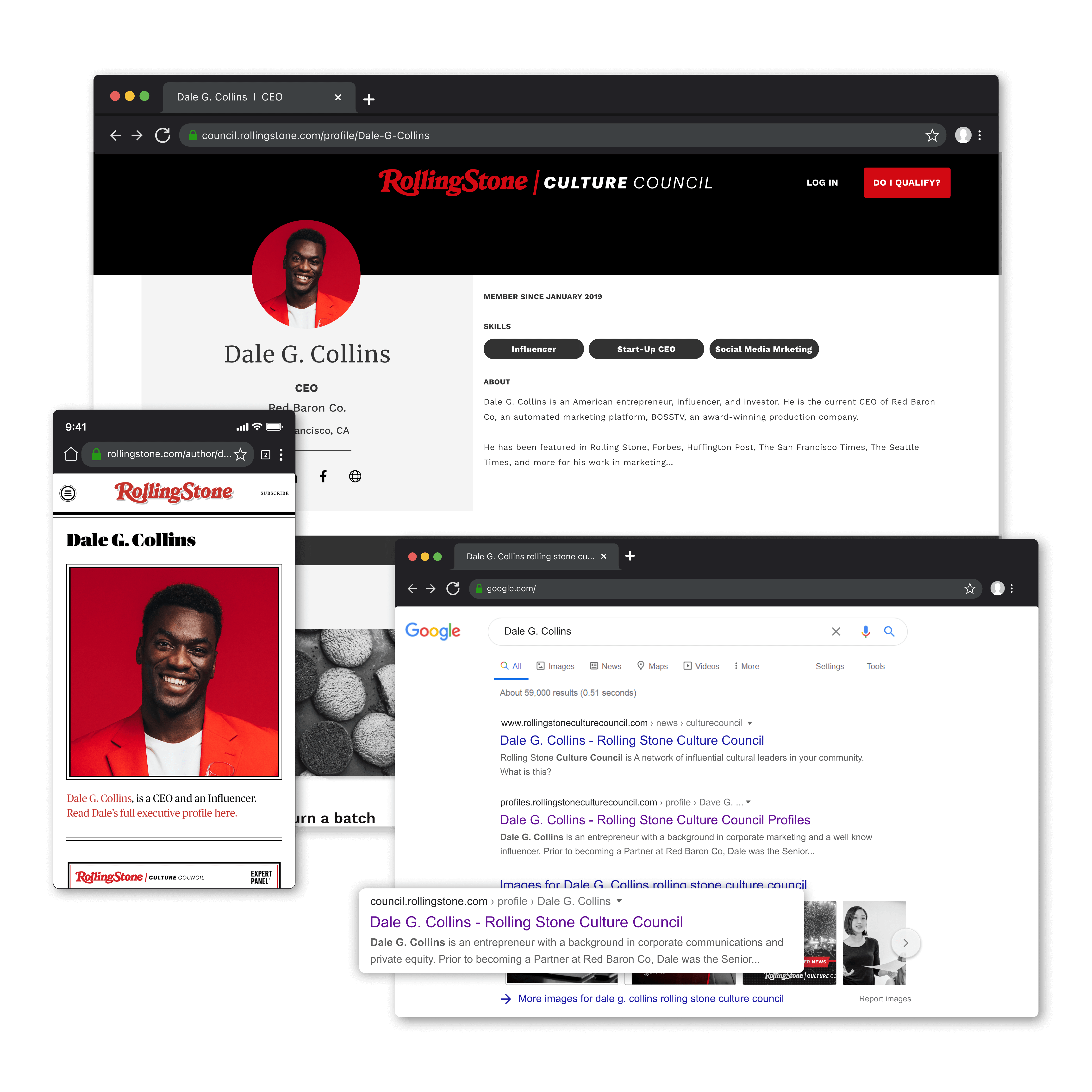 Member profile page on rollingstone.com and image of google search results for member